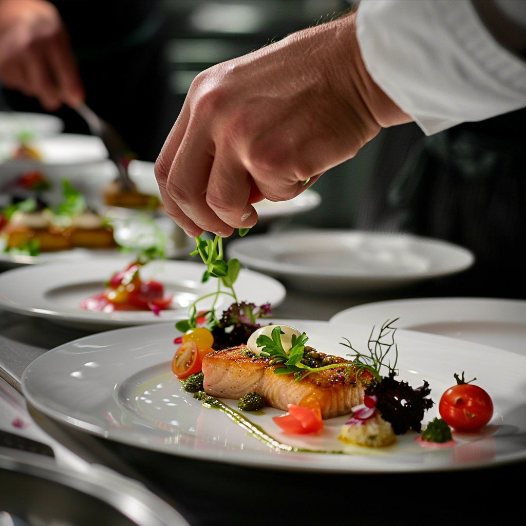 Koch veredelt ein hochwertiges Bio-Gourmetgericht mit frischen Kräutern in moderner Küche